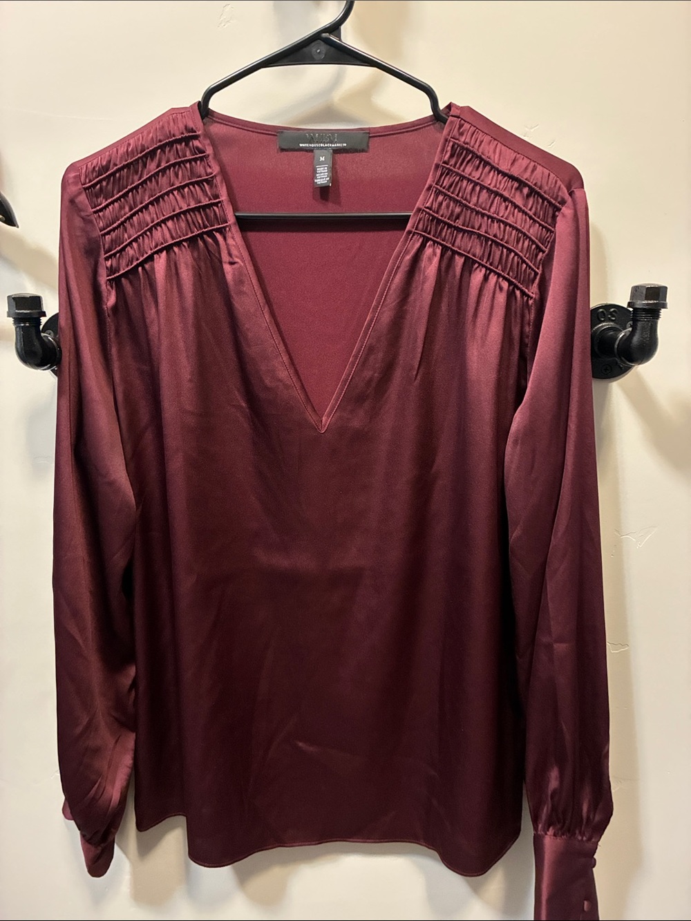 White House Black Market Wine V-Neck Blouse with Pleated Shoulder Detail Size M